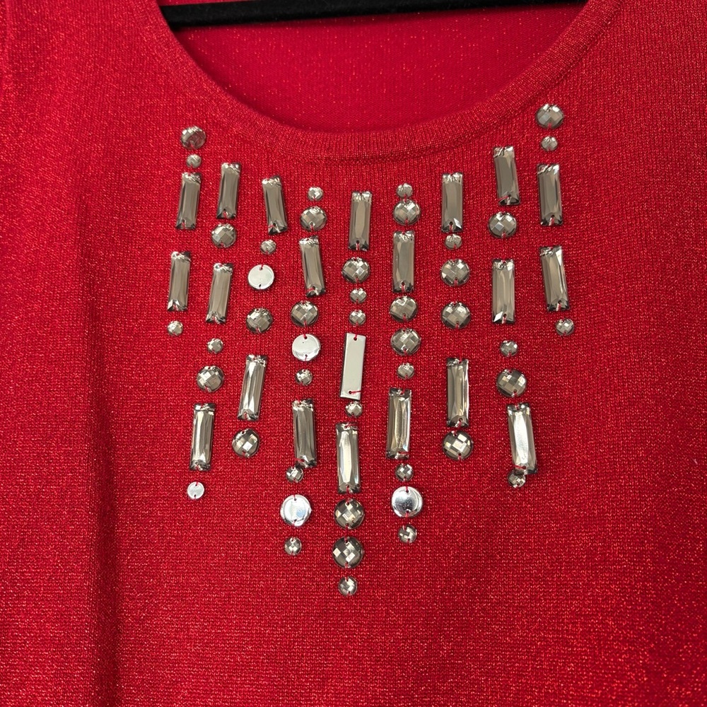 FLAWED August Silk Red Embellished Sparkly Sweater Top 3/4 Sleeves Valentine’s - Picture 4 of 12